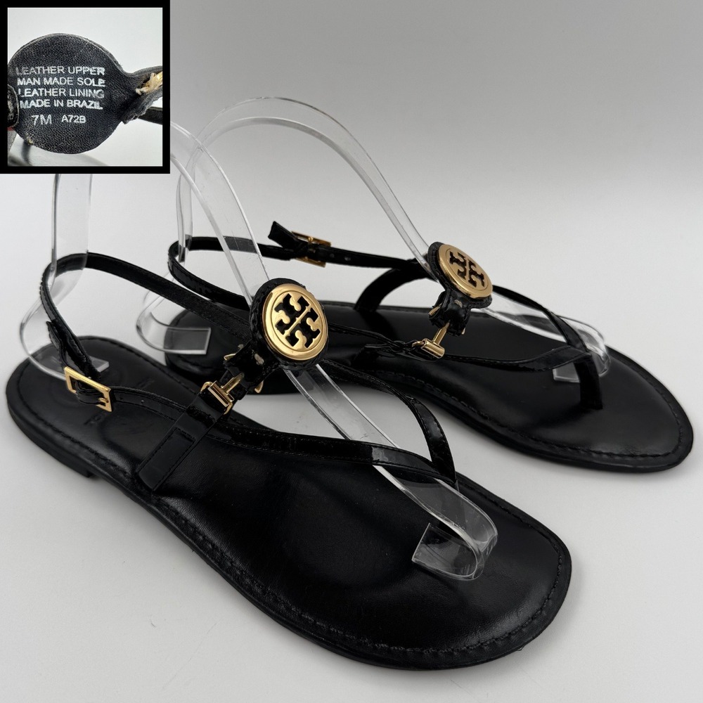Tory Burch Black Leather Logo Thong Sandals with Gold Emblem
